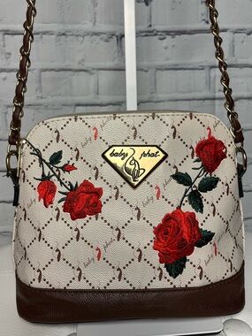Baby Phat Cream and Red Rose Embroidered Crossbody Bag with Brown Trim